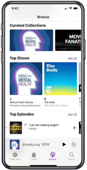 A digital rendering of the Mind on Mental Health podcast listed on a Podcast app on iPhone.